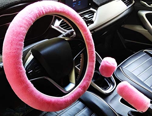 IXITON 3 Stück weiche Kunstwolle Plüsch Lenkradabdeckung, Universelle Verdickung Warmes rutschfestes Auto-Interieur, Flauschige Handbremsabdeckung und Schaltabdeckung (Manual,pink)