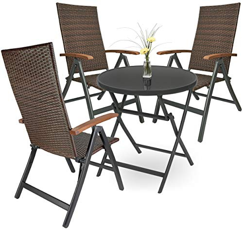 BRUBAKER Garten Sitzgruppe Modena - Braun/Anthrazit | 1 Glastisch Klapptisch rund 70 cm Ø mit 3 Polyrattan Stühlen - Wetterfest