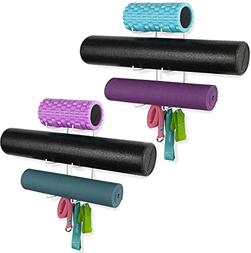 Wallniture Guru Schaumstoffrolle und Yogamatten-Aufbewahrungsregal mit 3 Haken zum Aufhängen von Yogagurt, Widerstandsbändern, 3-teiligem Metall, Weiß, 2 Stück