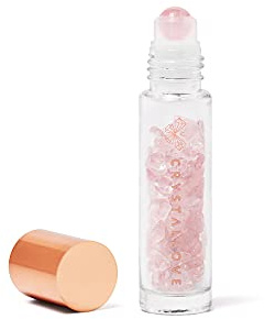CRYSTALLOVE Bouteille d'huile 10 ml - Quartz Rose - Bouteille Rollon pour huiles, parfums, cosmétiques, massages - Bouteille en verre pour huile essentielle - Rouleau en verre rechargeable
