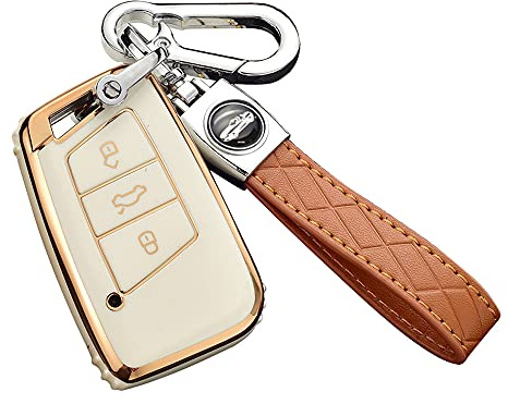 ontto Autoschlüssel Hülle Cover Passt für VW Magotan Passat B8 CC MK2 Jetta Skoda Superb A7 Kodiaq?Zubehör Schlüsselbox Schlüsselhülle Schlüsselanhänger Schlüssel Schutz Etui 3 Tasten-Golden Beige