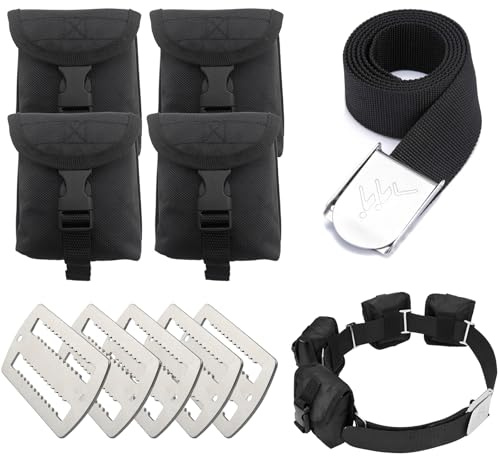 MOPHOEXII Cintura per pesi con 4 tasche staccabili, fibbia a sgancio rapido per immersioni e pesi Starp + 5 pezzi di cinghie per pesi, cinghia regolabile per snorkeling e peso, adatta per girovita da