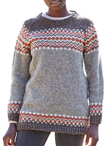 Pachamama Women Wool Jumper Handknitted Fair Isle Natural Colours Handmade Extra Warm Sweater Fair Trade (Med UK 12-14, Grey)