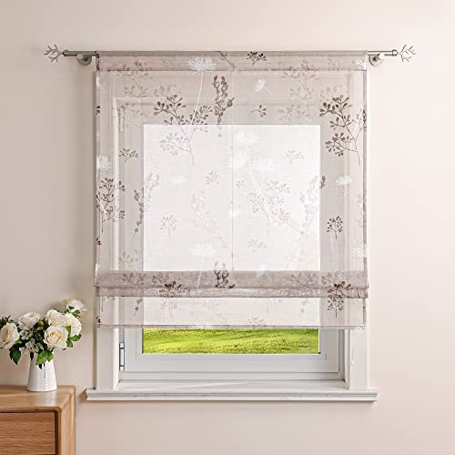 CORLIF Raffgardine mit Tunnelzug Leinenoptik Raffrollos Chrysantheme Druck Fenstergardine Stangendurchzug Rollo für Küche Transparent Kurzvorhang Landhausstil BxH 120x140 cm Sand