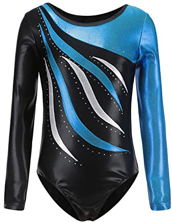 Odizli Turnanzug Mädchen Langarm Kinder U Rücken Strass Gymnastikanzug Ballett Trikot Body Leotard Tanzbody Ballettanzug Balletttrikot Eiskunstlauf Ballerina Ballettkleidung Blau 9-10 Jahre