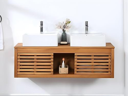 Vente-unique-Waschbeckenunterschrank hängend mit Doppelwaschbecken - Akazienholz - 130 cm - PENEBEL