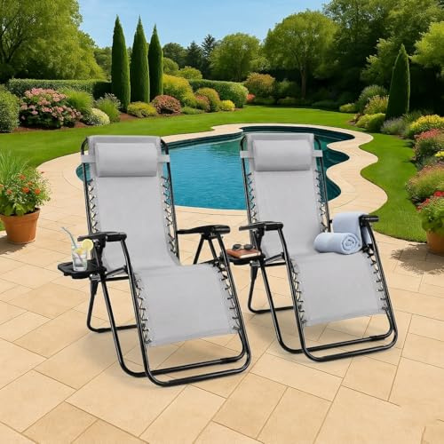 XEO HOME Sunloungers Zero Gravity Chair with Cup Holder, Folding Recliner Outdoor Patio Sun Loungers furniture set, Deck Chairs, Ideal for Pool, Outdoor Beach and Garden, Terrace (Grey)