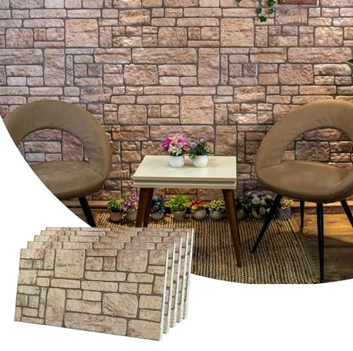 Dundee Deco 3D Wall Panels Faux Brick - Cladding, Beige Stone Look Wall Paneling, Styrofoam Facing for Living Room, Kitchen, Bathroom, Balcony, Bedroom, Set of 5, Covers 27 sq ft