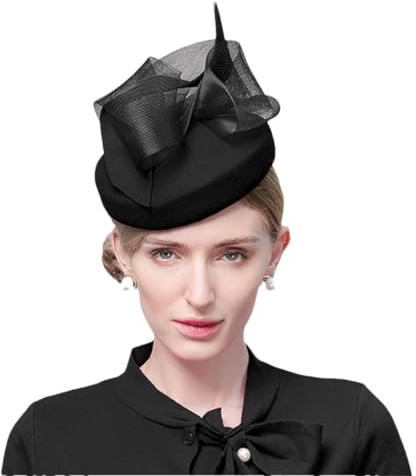 Bciopll Damen Wolle Fedoras Französisch Hüte mit Schleier Hochzeit Kirche Tee Party Kopfschmuck Baskenmütze Winter Pillbox Cap Schwarz 53 bis 57 cm, Schwarz , Einheitsgröße