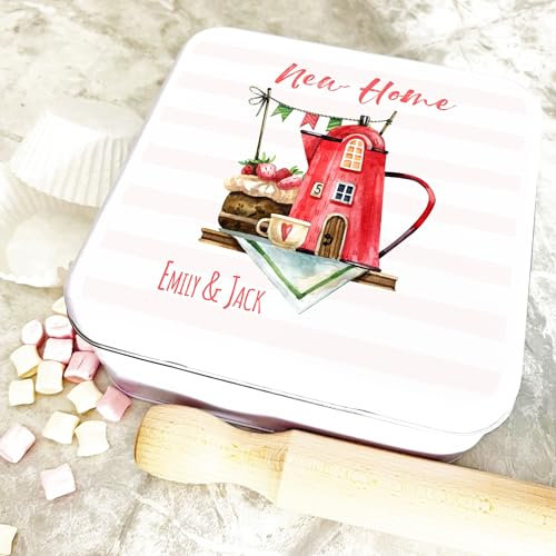 Square New Home Stripes Teapot Personalised Treat Tin Personalised Gift | Custom Gift | Personalized Tin | Cake, Biscuit & Treat Tins | Gift For Her | Gift For Him
