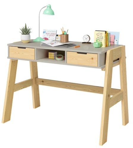 Bellabino Campo Kinderschreibtisch höhenverstellbar, Beige, 2 Schubladen | 56-75 cm, Schreibtisch Kinder ab 6 Jahren, viel Stauraum, Schülerschreibtisch, Kiefer Massivholz, Kinderzimmer, Lerntisch