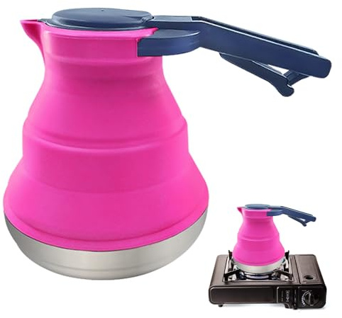 Vegena Bouilloire pliable en silicone de 1500 ml, bouilloire pliable, petite bouilloire portable en silicone pour randonnée, voyage et extérieur (rose rouge)