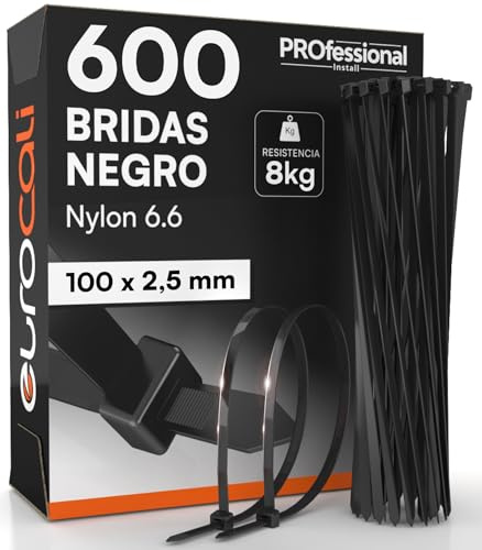 600 Bridas de Plastico Negras Pequenas 100mm Cables - Abrazaderas en Nailon 6,6 Autobloqueantes Sujeción de 8Kg con Dientes Antideslizantes Resistentes Fuego y Hielo - 100x2,5mm