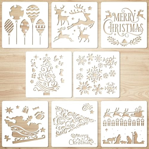 8stk Weihnachtsschablonen, 13,1x12,9cm 8 Designs Weihnachtsschablonen Vorlagen Wiederverwendbare Weihnachtsvorlagen zum Basteln Weihnachtsmalschablonen für Fenster Glas Heimwerker-Dekoration