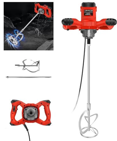 Rührwerk Betonmischer 240V Zementmischer Elektrischer Handmischer, 2600W Quirl Mörtelrührer M14-Gewinde, 6-Gang-Getriebe, Rot