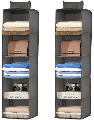 Minnhua 2PCS Hanging Wardrobe Organiser 5 Shelves Hanging Storage Foldable Hanging Storage Organiser Clothes Organiser for Garment Hat Bag Grey