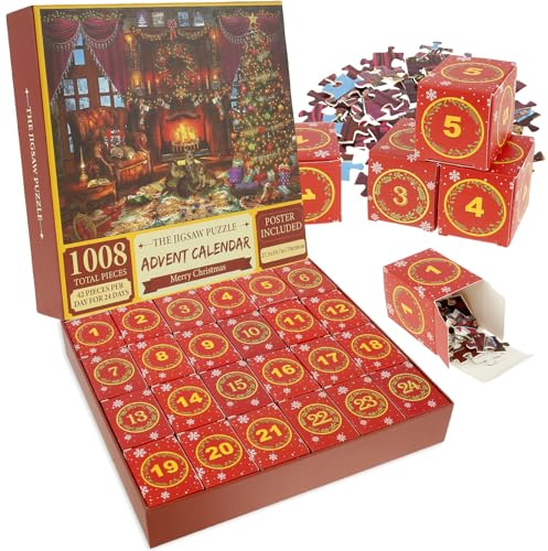 Advent Calendar Jigsaw Puzzle,2024 Christmas Family Holiday Game,Christmas Countdown Calendar for Kids Adult, 1008 Pieces Puzzles for Boys and Girls (Kitten)