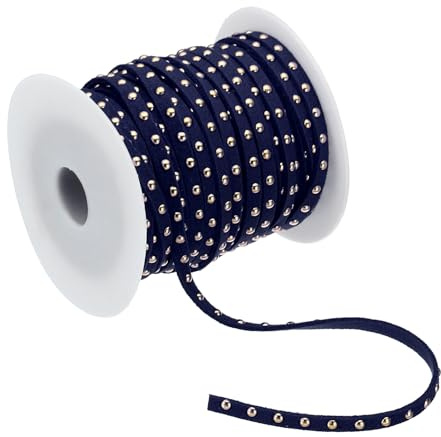 PATIKIL 22 meter dubbat fuskmocka rep för smyckestillverkning, 5 mm mikrofiber platt läder spets pärlband med nitar, marinblå gyllene