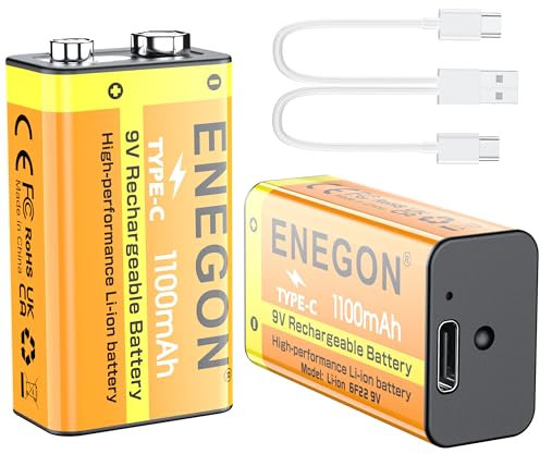 ENEGON Confezione da 2 batterie ricaricabili al litio 9V, 1100mAh con ricarica rapida USB-C – Batterie 6F22 per chitarre elettriche, Piccoli illuminatori LED, rilevatori di fumo, microfoni