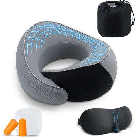 Feelhap Almohada de Viaje para Cuello, Almohada Cervical Espuma Viscoelástica Almohada de Cuello de Viaje, Cojin de Viaje Cuello Almohada de Avión Cojín de Cuello con Máscara de Ojos,Tapones y Bolsa