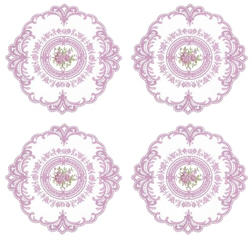 QUARKZMAN 4Pcs Tovagliette All'uncinetto Retrò, Centrini Francesi Rotondi Ricamati a Pizzo Tovagliette Cave per Vaso Tavola da Pranzo Cucina Feste 28x28cm, Viola Chiaro