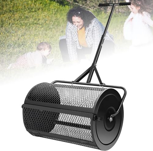 Esparcidor de abono de 61 cm, esparcidor de estiércol ligero con mango ajustable en forma de T y cierres laterales dobles para esparcir el suelo del césped y el jardín