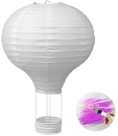 YIWONFU Hängende Papierlaterne 1 Stück Ø30cm Weiß Heißluftballon | Flammhemmend, Zusammenklappbar, Mit Gondel und Metallbügel, Lampenschirm für DIY, Geburtstag, Party