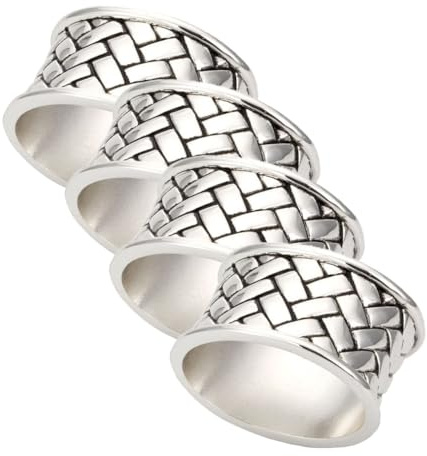 4er Set Serviettenringe aus Edelstahl versilbert oval/Antik geflochten für Stoffservietten, 5,5 x 3,0 cm