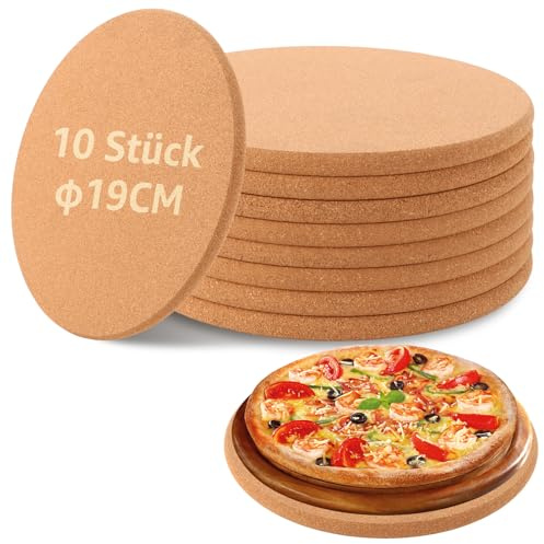 CYEER 10 Stück Korkuntersetzer Rund Ø 19 cm, Topfuntersetzer aus Kork, 10 mm Stark, Wärmeisolierende Untersetzer für Töpfe, Pfannen, Auflaufformen, Teller, Pflanzen und DIY-Projekte