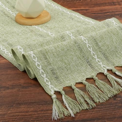 BSBUY Tablecloth Tassel Table Runner, Spring Kitchen Dining Table Decoration Boho Rectangular Crochet Lace Mesh Table Runner, Rustic Farmhouse Table Runner for Holiday Party and Everyday Use(Green)