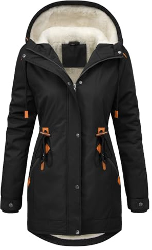 CMTOP Winter Jackets for Women Fleece Lined Hooded Parka Mid-Length Warm Padded Ladies Coats Zip Up Windproof Overcoats Thickened Thermal Leisure Outwear with Pockets(Black, L)