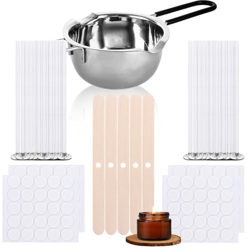 ASelected Kerzenherstellungsset für 100 Kerzen, Kerzen Selber Machen Set, Kerzen Set Selber Machen - Kerzendochte, Schmelztopf, Dochthalter und Dochtaufkleber für Kerzenherstellung DIY