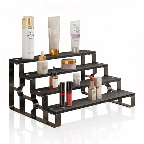 USHARP 4 Tier Perfume Organizer for Men, Cologne Organizer Stand,Display Shelf Stands for Dresser,Wooden Shelf Display Risers for Party,Makeup,Figures,Cupcake,Dessert (Black, 4 Tiers-Width=14)
