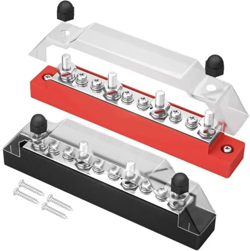 2Pcs 150A 12V-48V DC Bus Bar, 4 x 3/16(M6) 6 x #8 (M4) Terminal Block | Studs Power Distribution Block with Cover, for Car, Boat, RV, Yacht, Marine (Red & Black)