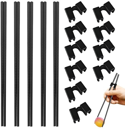 YAZWUR 5 Paar Fiberglas-Essstäbchen und 10 Essstäbchen-Trainer, spülmaschinenfest, rutschfest, Sushi-Chopsticks aus hochwertiger Legierung & Fiberglas für Erwachsene und Kinder (24 cm) (Schwarz)