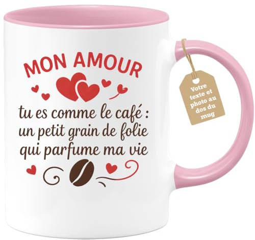 quotedazur Café-Croissant - Mug Saint-valentin Coeur - Tasse Romantique Idée Message Mon Amour Café Homme Femme - Cadeau Original Pour Couple Amoureux Petit Ami Copain Copine Mari - Rose/céramique