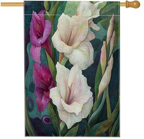 Drapeaux de maison de fleurs de glaïeul printaniers 71,1 x 101,6 cm double face pour extérieur, style floral en lin vertical, drapeau imprimé cool et esthétique pour cour