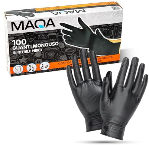 MAQA 500 Guanti Nitrile Neri Monouso | NO LATTICE, NO POLVERE | DPI Cat. III & Dispositivo Medico Classe I | Uso Professionale, Medico, Alimentare, Tattoo, Pulizie | Presa Microgrip, Taglia L