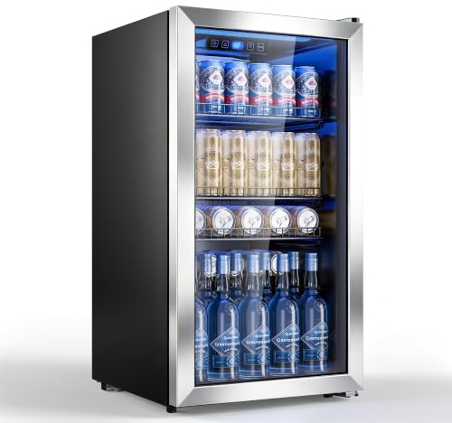 TRIUMPHKEY 90L Getränkekühlschrank mit Glastür und Silberrahmen – 128 Dosen Fassungsvermögen, verstellbare Ablagen für Bier, Wein und Limonaden, platzsparend für Zuhause, Bar und Büro