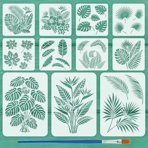 FINGERINSPIRE 11 Pz Stencils per Foglie con Pennello 11 Stili Diversi Modelli di Foglie di Piante Estive Stencil Foglia di Monstera Stencil Foglia di Papaya Modello a Tema Estivo per Pittura su Legno