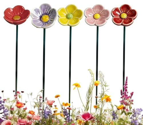 5Stk Keramik Blumen Bienentränke | 27cm Keramik Bienentränke für den Garten | Outdoor Blumenform Insektentränke Gartenstecker | Wetterfeste Stehend Vogeltränke Gartenstecker Zubehör für Rasen