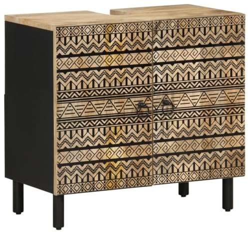 Générique Mobile lavabo bagno nero legno massello mango, armadio lavabo retrò con deposito, piano forato per lavello, gambe in ferro resistenti, fissaggio a parete incluso