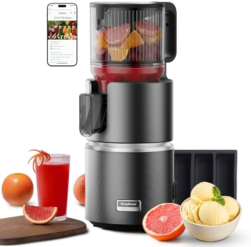 Anybear Extractor Zumo 350W, Zumo, Sorbete & Leche de Nueces, BPA Free | Boca 124mm para Frutas y Verduras, Doble Extracción Lenta, Motor Potente, Tritan Sin BPA, Limpieza 3 Pasos, Garantía 5 Años