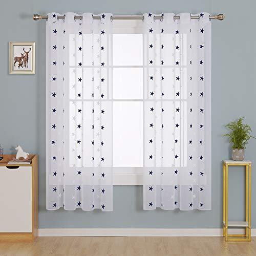 Deconovo Transparenta broderade gardiner med linneutseende för sovrum, 140 x 183 cm, marinblå, två paneler