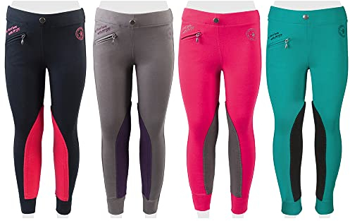 PFIFF 102603 Kinder Reitleggings Ella Stoff Besatz Reithose Mädchenreithose, Grau / Lila 104