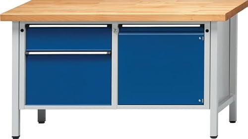 Werkbank V B1500xT700xH840mm Buche massiv lichtgrau, RAL 7035 enzianblau, RAL 5010 Anzahl Schubladen 2 Anzahl Türen 1