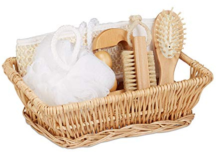 Relaxdays Wellness Set 6-TLG., Geschenkset mit Massagebürste, Rückenschrubber, Luffa, Massageroller, Nagelbürste, Natur