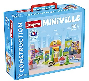 Jeujura - Miniville 50 Pièces - Jeu de Construction dès 2 Ans - 8257 | Construction enfant - Valisette de rangement - Imagination et équilibre - Fabriqué en France
