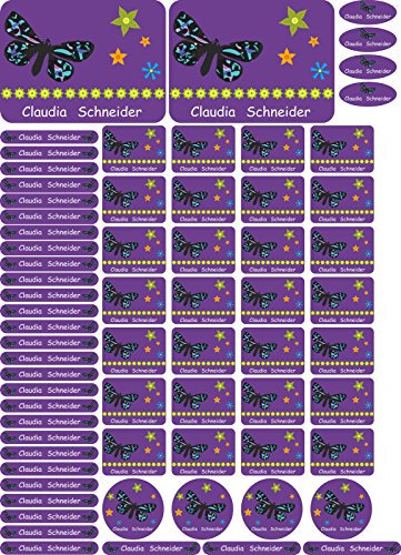 INDIGOS UG - Namensschilder für Kleidung 69 Sticker mit Wunschtext - 047 - Schmetterling - personalisiert mit Namen - für Kinder, Schule, Kindergarten - zum Aufbügeln auf T-Shirts, Sportsachen