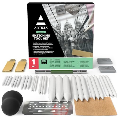 ARTEZA Drawing Kit for Adults – 35-Piece Sketching Set with Blending Stumps, Tortillons, Sanding Blocks, Erasers, Chamois, Pencil Extender and Tools